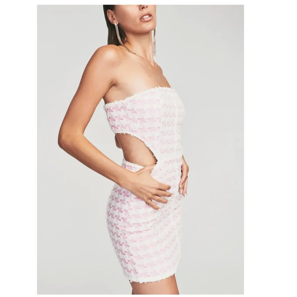 Retrofete Betheny Strapless Cutout Houndstooth Boucle-Tweed Pink Mini Dress